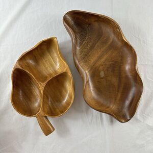2 Vtg House Of Monkey Pod Wood Dishes Divided Leaf Bowl & Abstract Bowl Hawaii